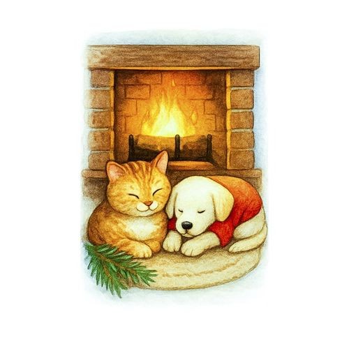Котенок И Щенок У Камина.jpg — Картинки для брелков / Разное, 2072×2072, обои скачать бесплатно